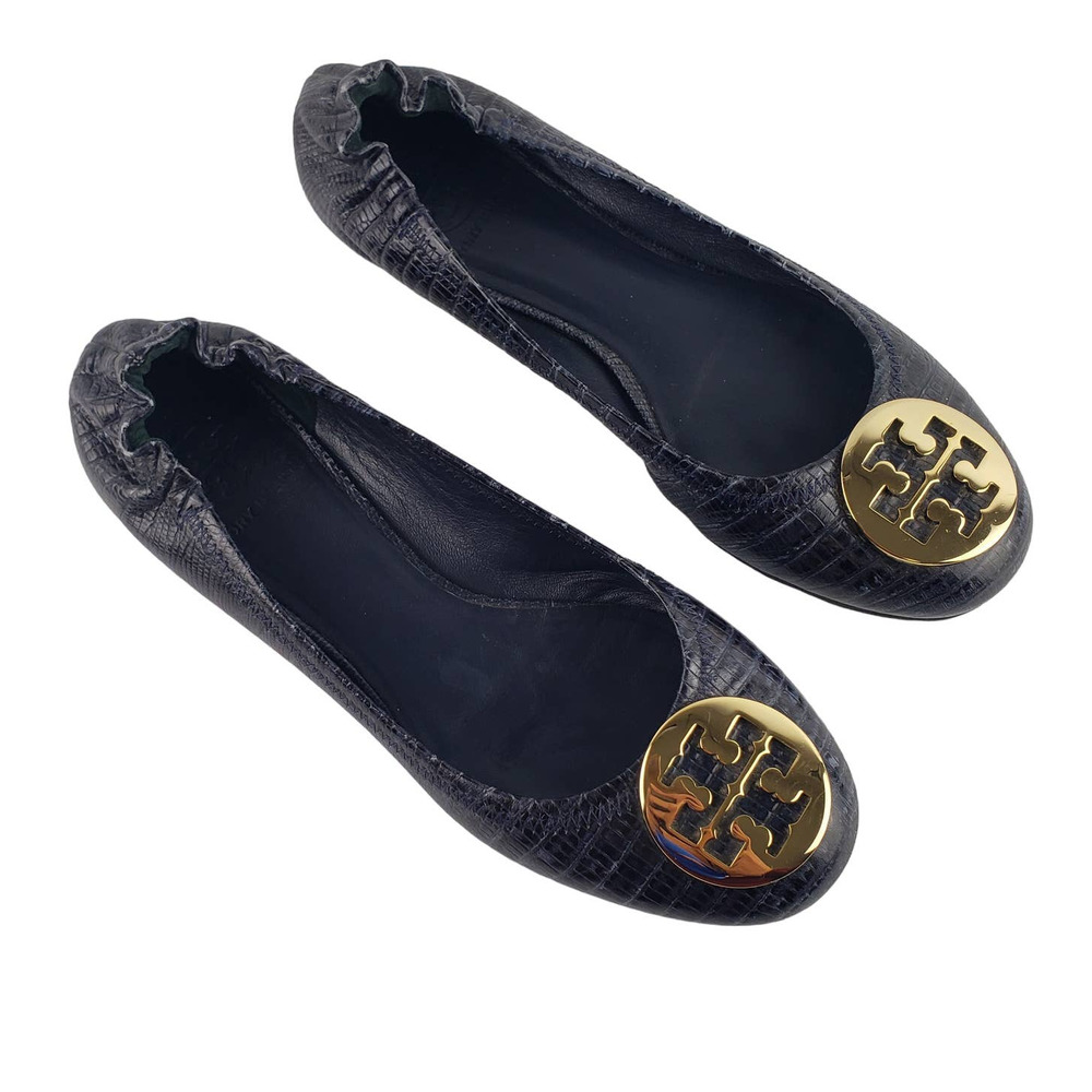 Tory Burch Reva Womens Size 8 Blue Textured Leather Flats Gold Metal Logo